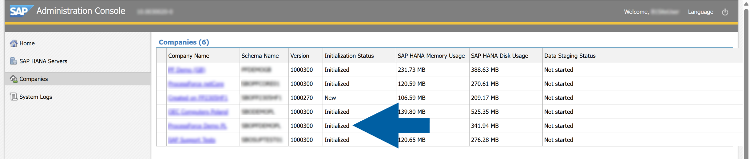SAP Administration Console Companies list showing analytics status for the company database