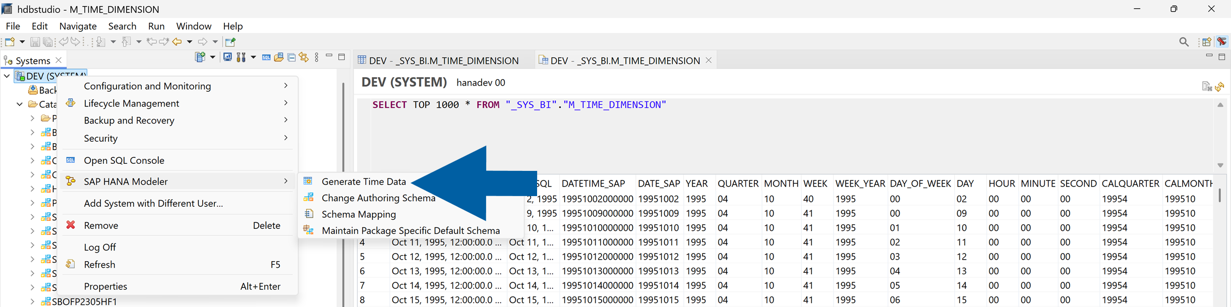SAP HANA Modeler Generate Time Data wizard shown after right clicking SYSTEM folder