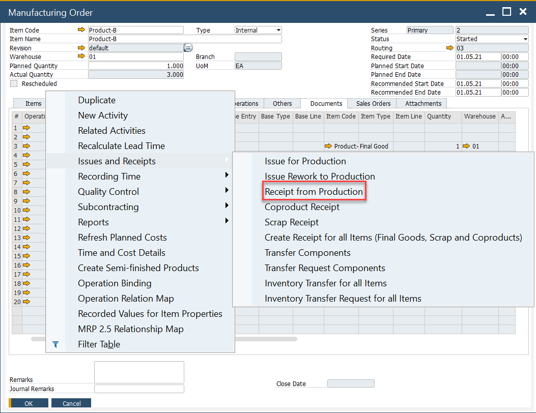 Pick Receipt for a Batch Managed Items