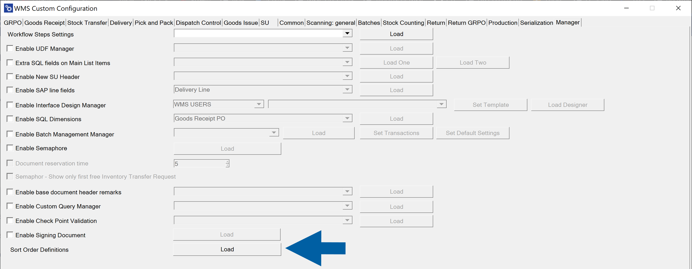 Sort order definitions - click load to create or view sorting options