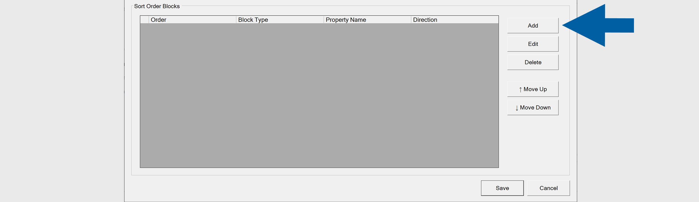 Sort order definitions - click add button on the right to define sorting rule