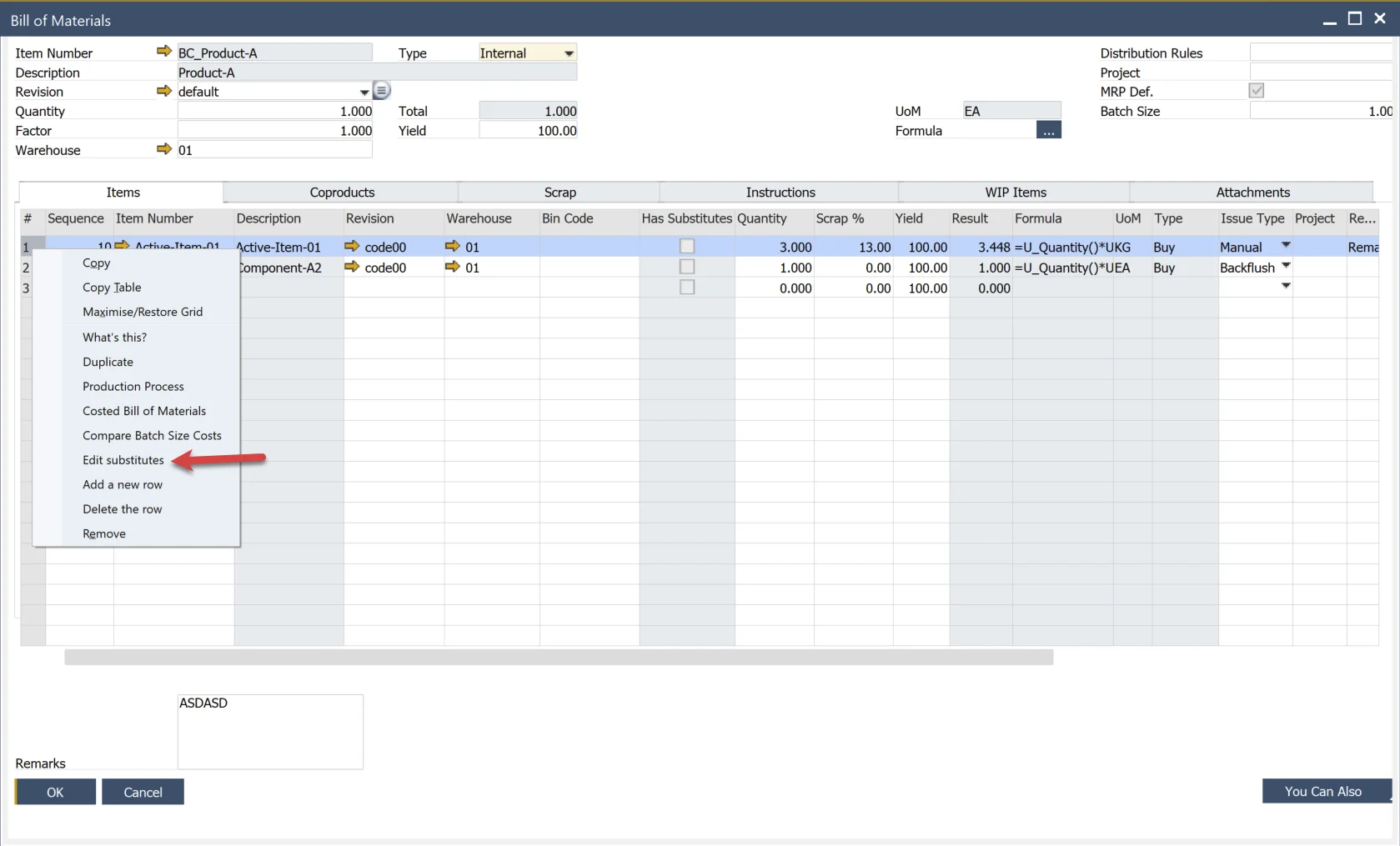 Edit Substitutes from BOM