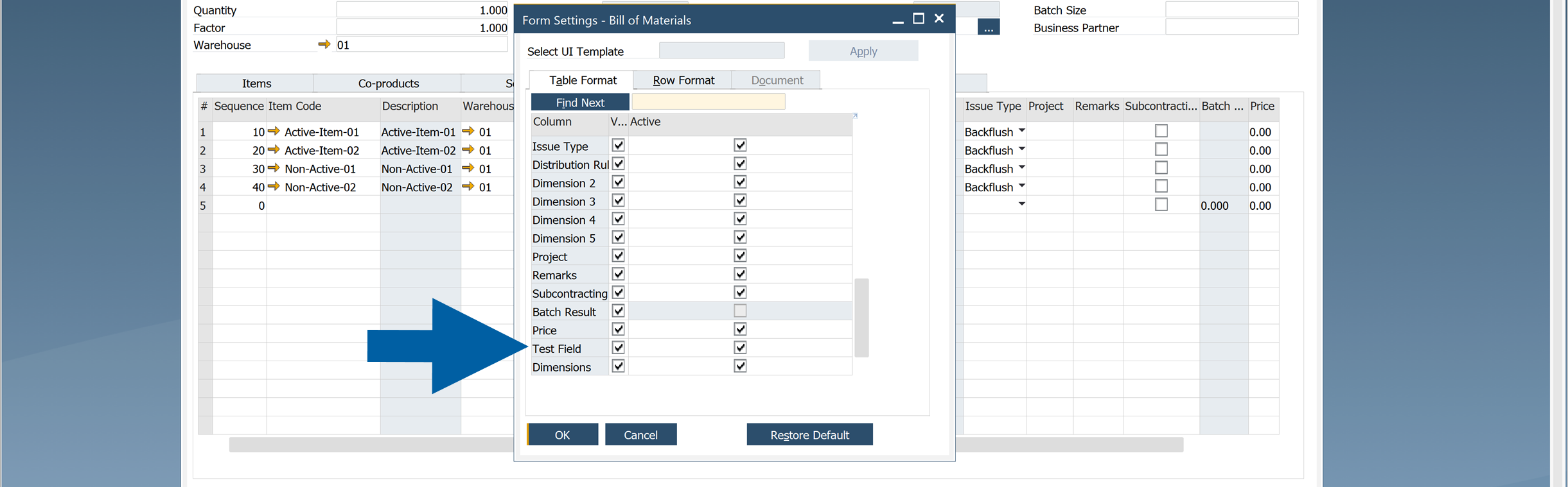 Table Format settings listing row User-Defined Fields with hide and show controls
