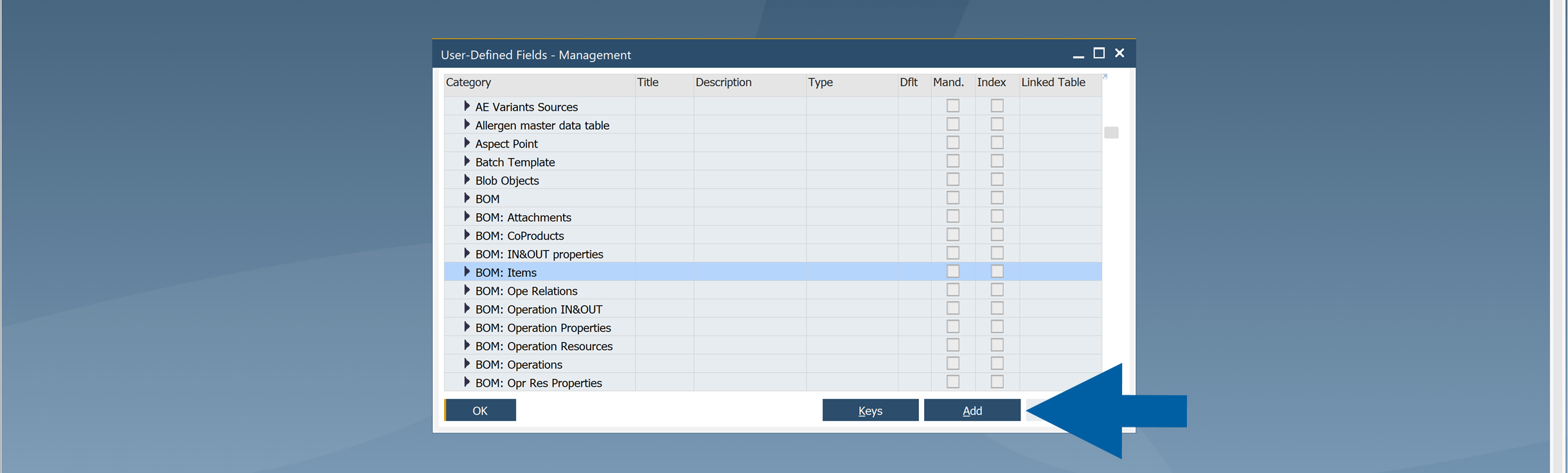 User Tables list with CompuTec ProcessForce table selected and Add button available