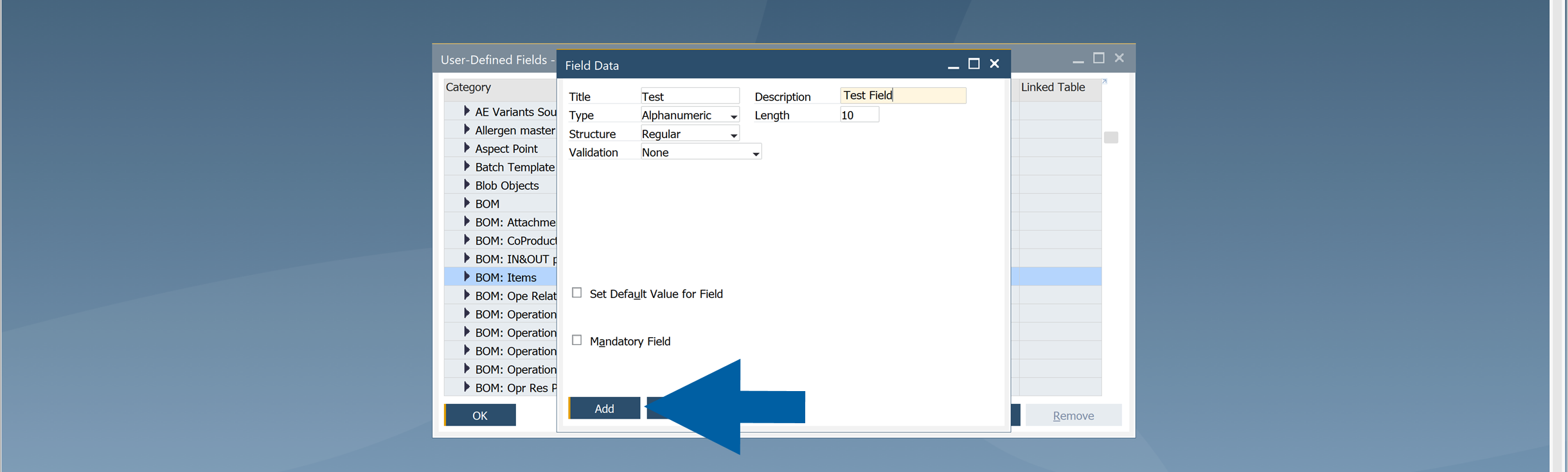 User-Defined Field dialog showing Title, Description, Data Type, and Structure fields