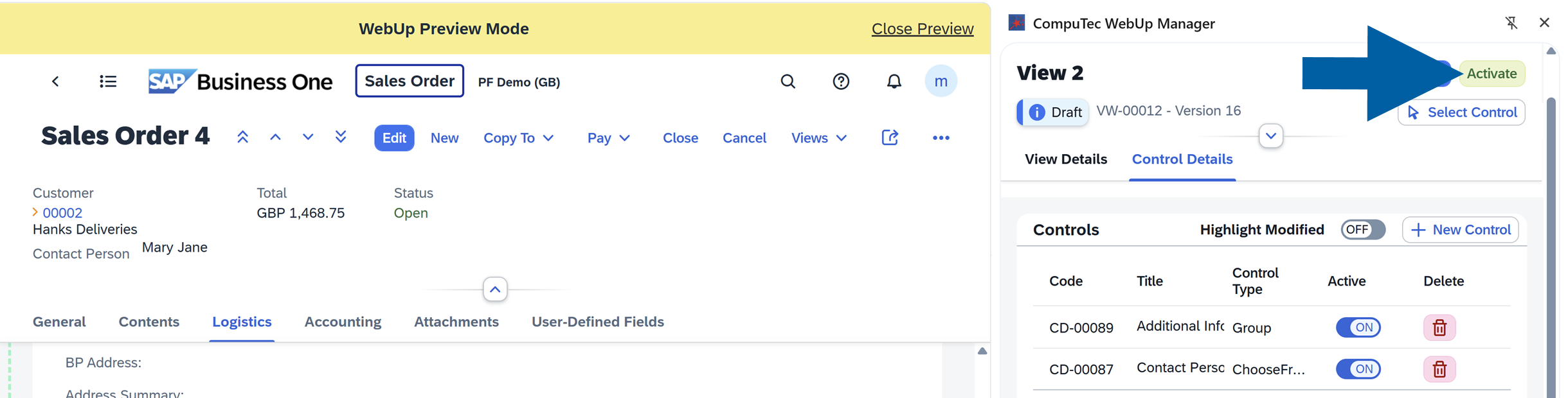 The CompuTec WebUp Manager side panel is open. The current view is displayed at the top with status Draft. The Activate button appears in the upper-right corner of the panel, next to the Preview button. The user has to click the Activate button.