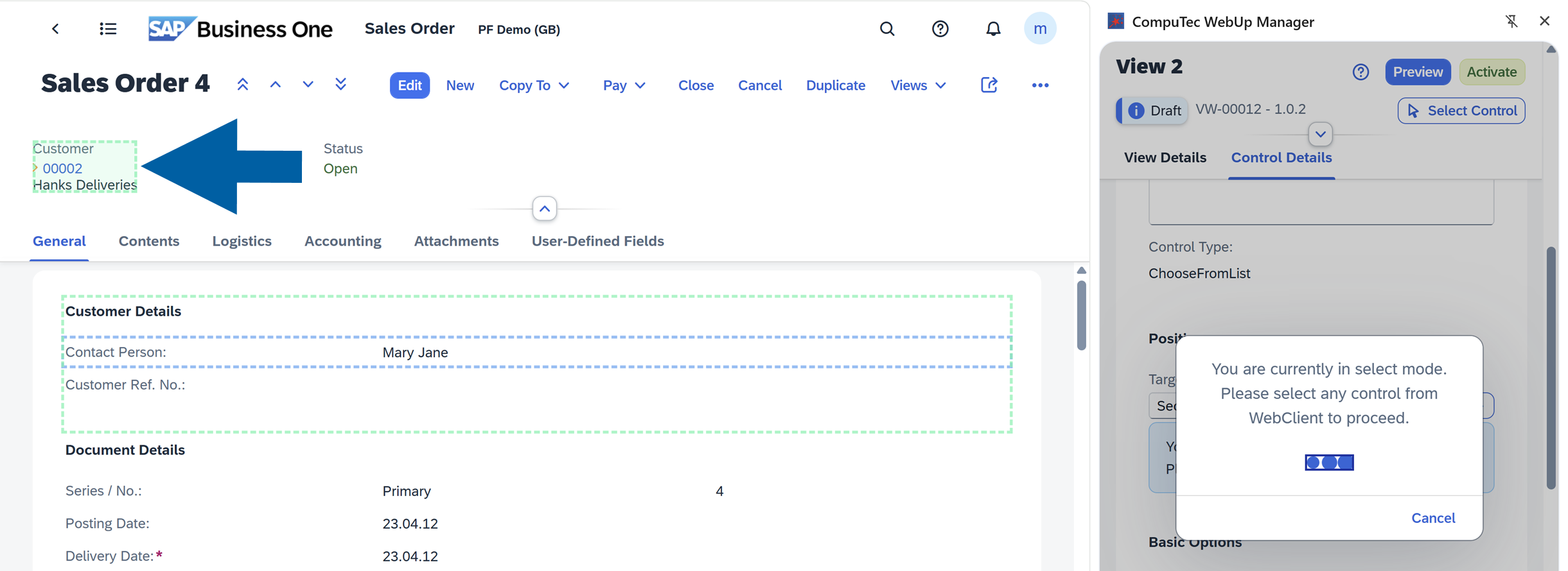 CompuTec WebUp Manager is in the select mode. The user has to click on a chosen section on the left to choose a new location for the selected control.